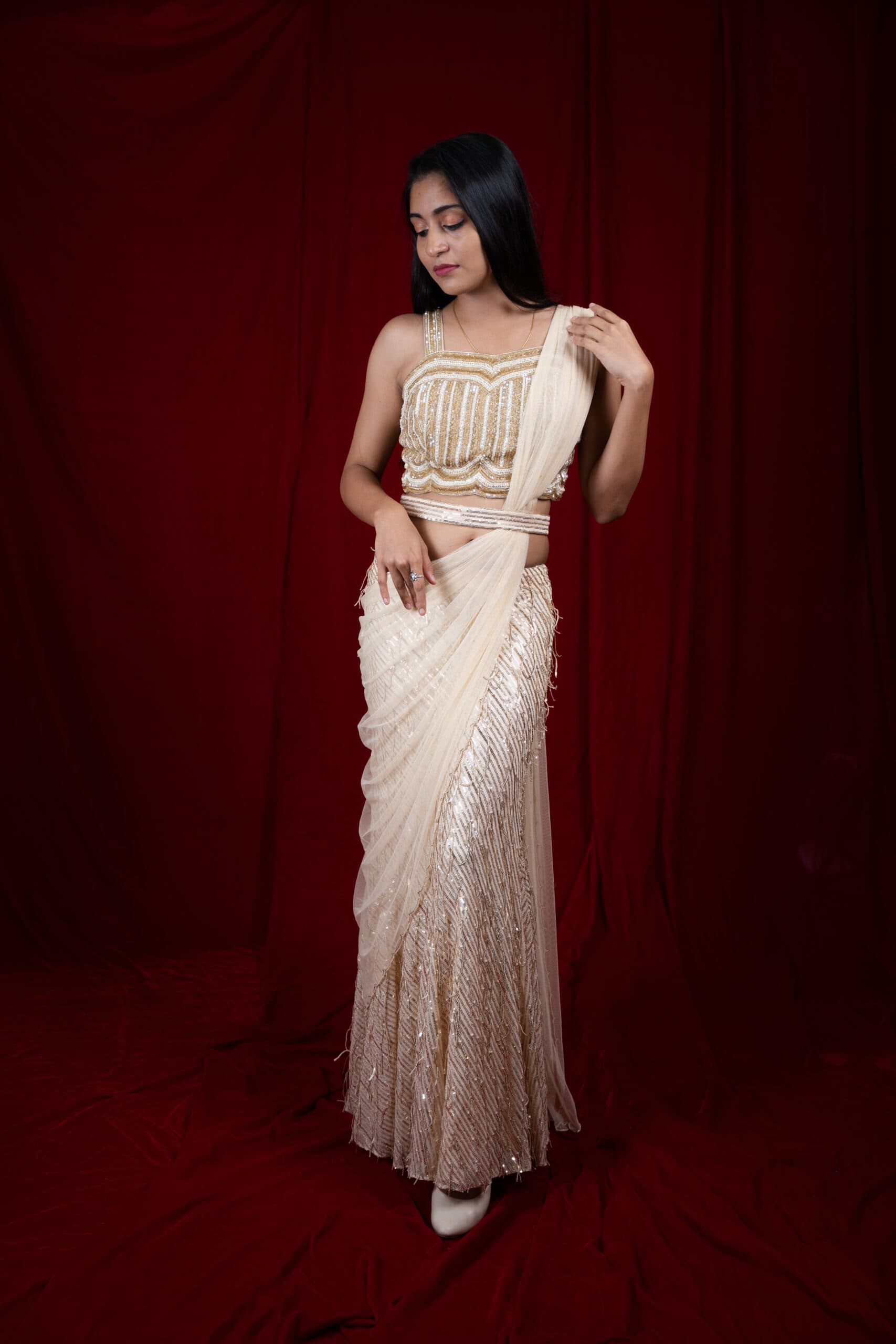 Sanjh : Georgette Fusion Saree : Gold