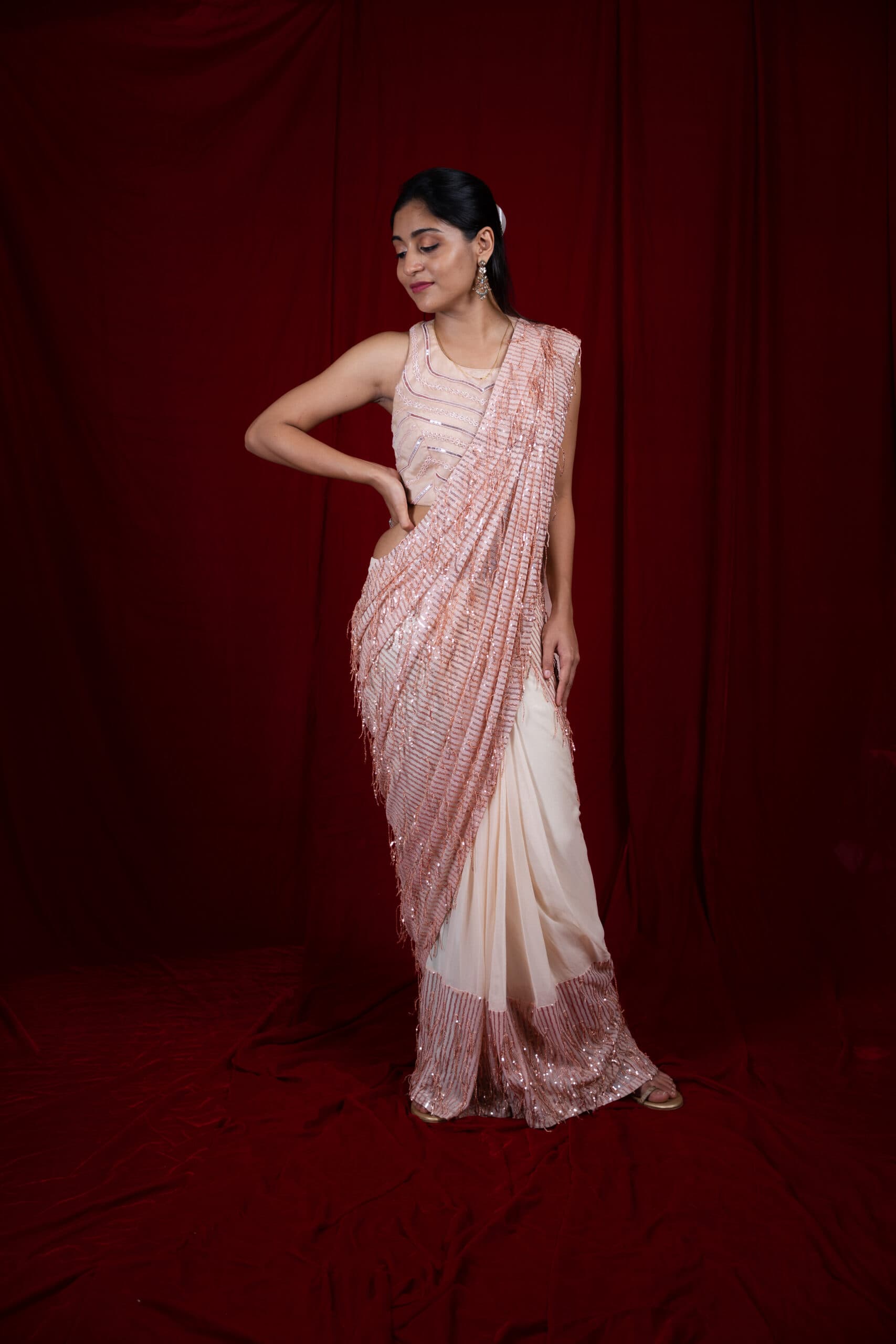 Sanjh : Georgette Fusion Saree : Rose Pink
