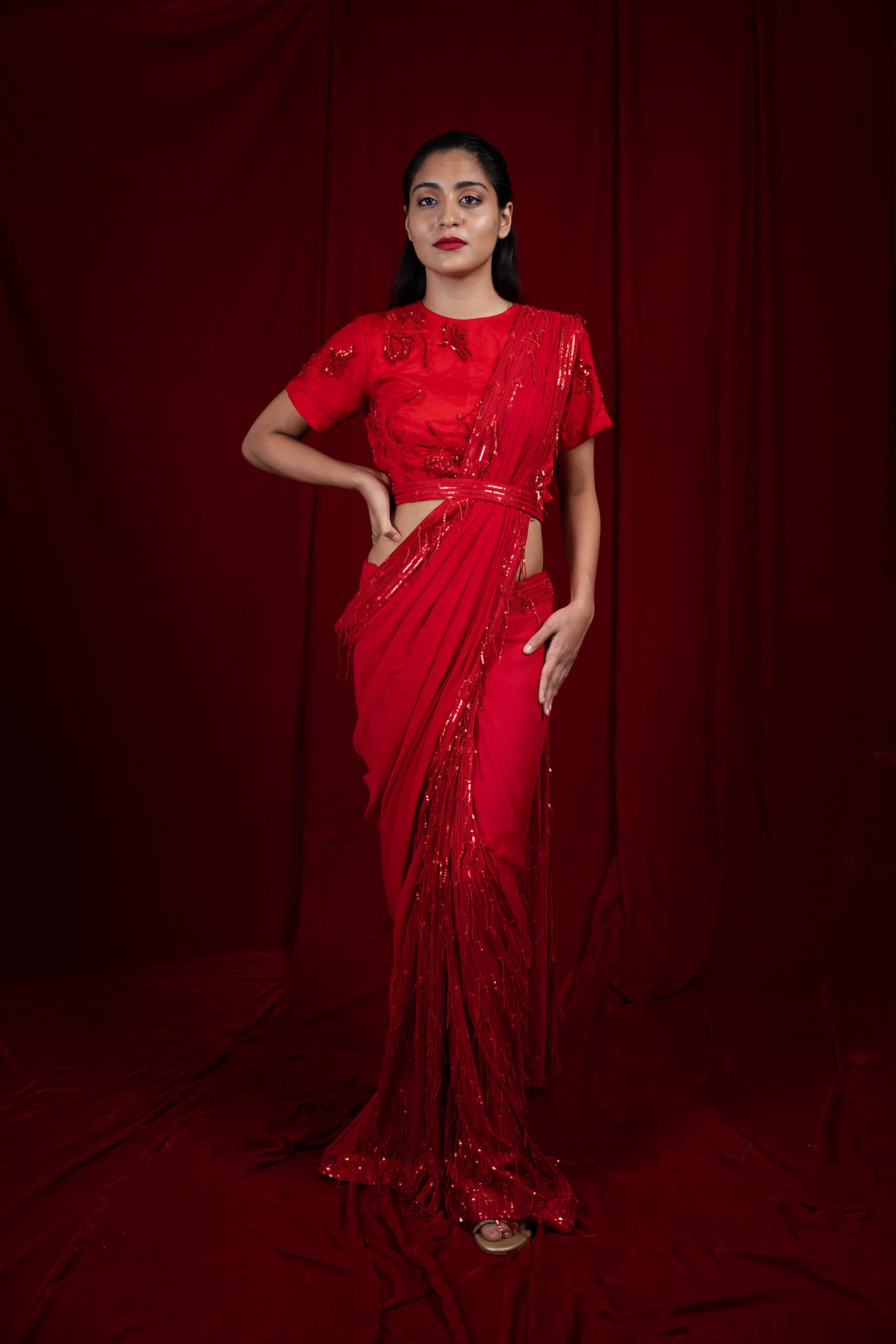 Sanjh : Georgette Fusion Saree : Red
