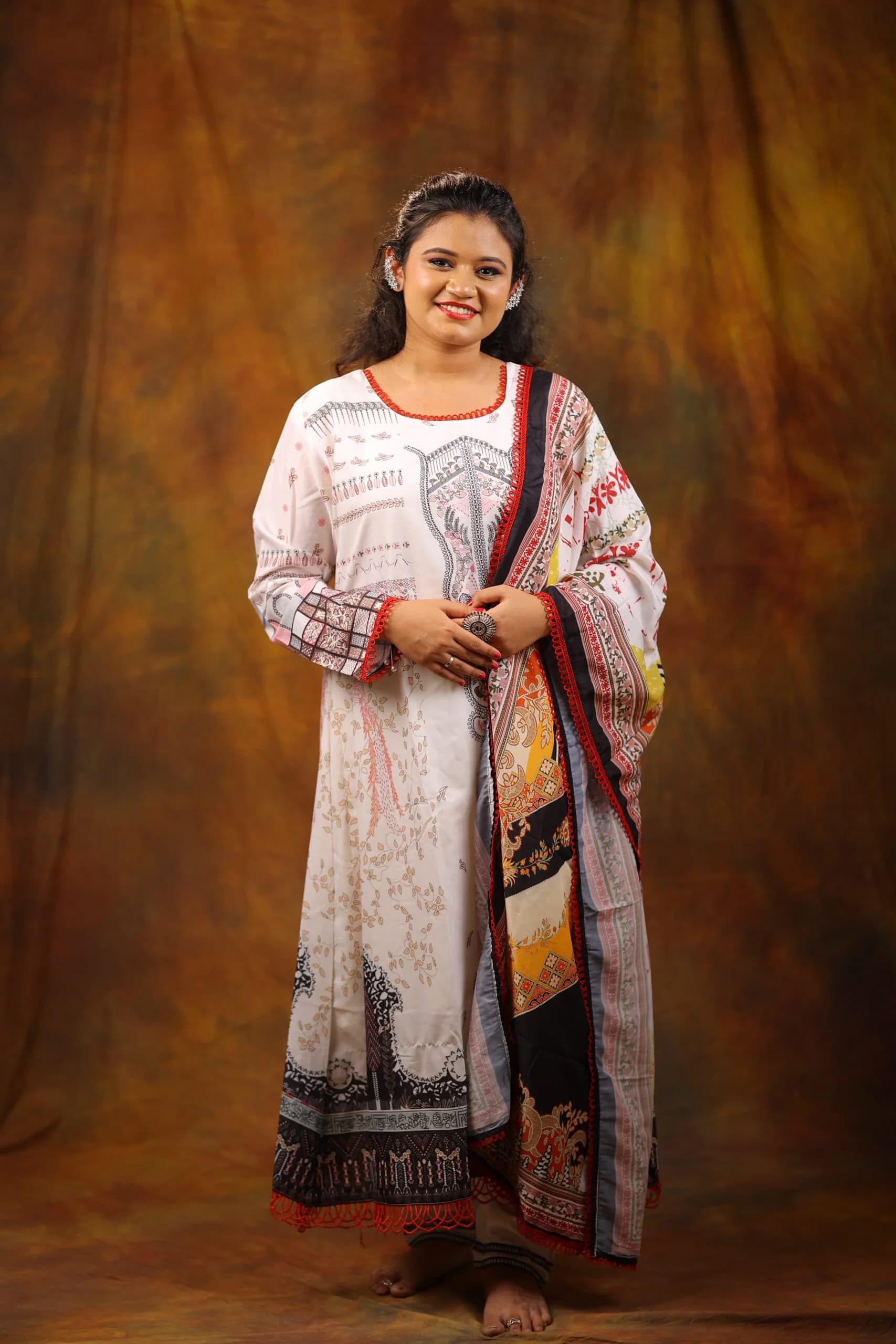 White Pakistani Suit Red Trims